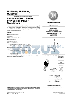 MJE5850 datasheet - 8 AMPERE PCP SILICON POWER TRANSISTORS 300 - 350 - 400 VOLTS 80 WATTS