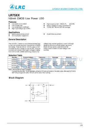 LR7530 datasheet - 100mA CMOS Low Power LDO Low power consumption