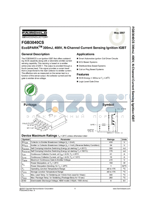 FGB3040CS datasheet - EcoSPARKTM 300mJ, 400V, N-Channel Current Sensing Ignition IGBT