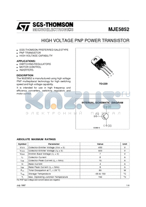 MJE5852 datasheet - HIGH VOLTAGE PNP POWER TRANSISTOR