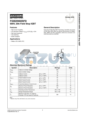 FGB20N60SFD datasheet - 600V, 20A Field Stop IGBT