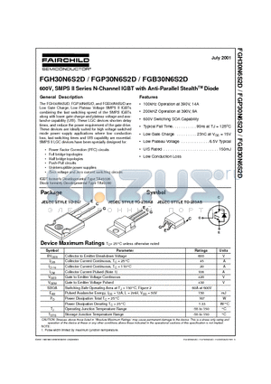 FGB30N6S2D datasheet - 600V, SMPS II Series N-Channel IGBT with Anti-Parallel StealthTM Diode