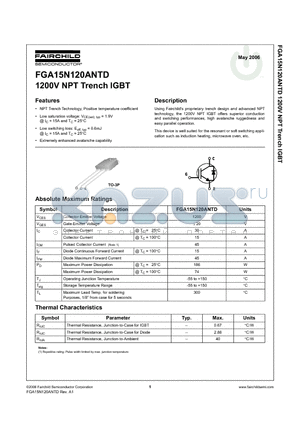 FGA15N120ANTD datasheet - 1200V NPT Trench IGBT