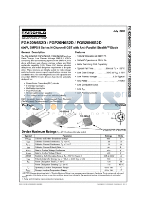 FGB20N6S2D datasheet - 600V, SMPS II Series N-Channel IGBT with Anti-Parallel StealthTM Diode