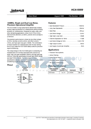 HCA10009 datasheet - 100MHz, Single and Dual Low Noise, Precision Operational Amplifier