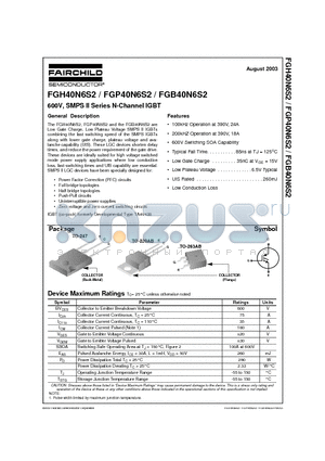 FGB40N6S2 datasheet - 600V, SMPS II Series N-Channel IGBT