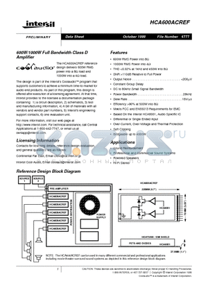 HCA600ACREF datasheet - 600W/1000W Full Bandwidth Class D Amplifier