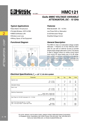 HMC121_01 datasheet - GaAs MMIC VOLTAGE-VARIABLE ATTENUATOR, DC - 15 GHz