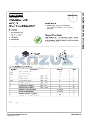 FGB7N60UNDF datasheet - 600V, 7A Short Circuit Rated IGBT