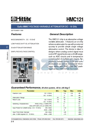 HMC121 datasheet - GaAs MMIC VOLTAGE-VARIABLE ATTENUATOR DC - 15 GHz