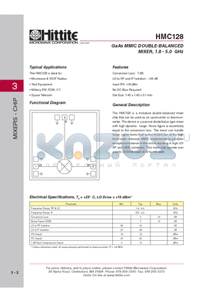 HMC128 datasheet - GaAs MMIC DOUBLE-BALANCED MIXER, 1.8 - 5.0 GHz