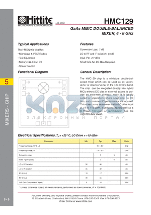 HMC129 datasheet - GaAs MMIC DOUBLE-BALANCED MIXER, 4 - 8 GHz