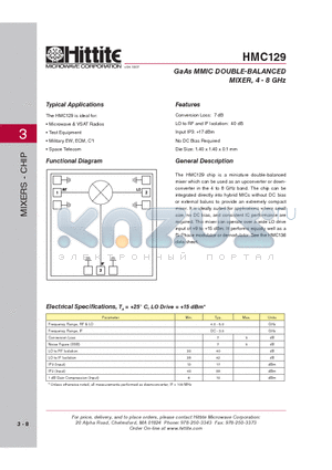 HMC129 datasheet - GaAs MMIC DOUBLE-BALANCED MIXER, 4 - 8 GHz