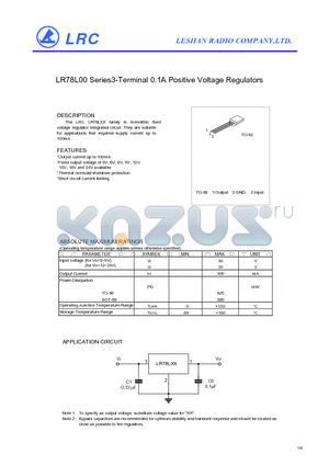 LR78L00 datasheet - LR78L00 Series3-Terminal 0.1A Positive Voltage Regulators