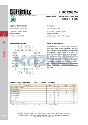 HMC129LC4 datasheet - GaAs MMIC DOUBLE-BALANCED MIXER, 4 - 8 GHz