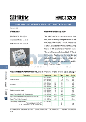 HMC132C8 datasheet - GaAS MMIC SMT HIGH-ISOLATION SPDT SWITCH DC - 8 GHZ