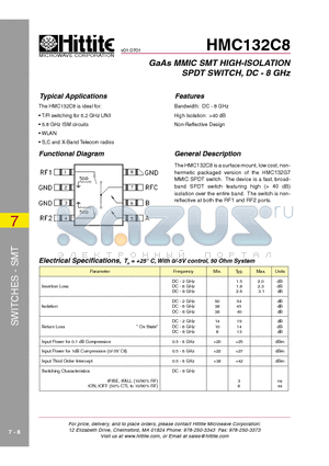 HMC132C8 datasheet - GaAs MMIC SMT HIGH-ISOLATION SPDT SWITCH, DC - 8 GHz