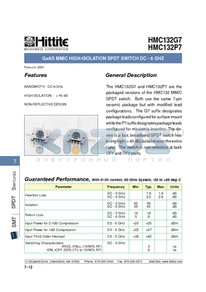 HMC132G7 datasheet - GAAS MMIC HIGH - ISOLATION SPDT SWITCH DC - 6 GHZ