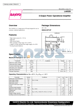 LA6520 datasheet - 3-Output Power Operational Amplifier