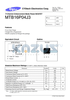 MTB16P04J3 datasheet - P-Channel Enhancement Mode Power MOSFET
