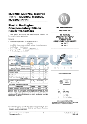 MJE800 datasheet - 4.0 AMPERE DARLINGTON POWER TRANSISTORS COMPLEMENTARY SILICON 40 WATT 50 WATT