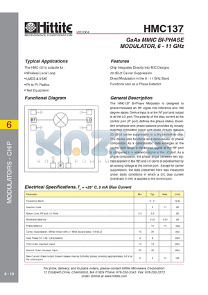 HMC137 datasheet - GaAs MMIC BI-PHASE MODULATOR, 6 - 11 GHz