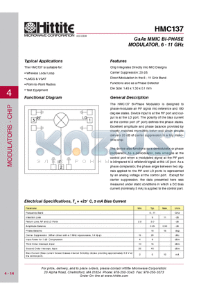 HMC137 datasheet - GaAs MMIC BI-PHASE MODULATOR, 6 - 11 GHz