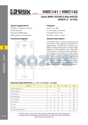 HMC141 datasheet - GaAs MMIC DOUBLE-BALANCED MIXER, 6 - 18 GHz