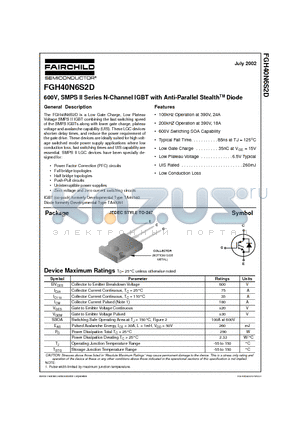 FGH40N6S2D datasheet - 600V, SMPS II Series N-Channel IGBT with Anti-Parallel StealthTM Diode