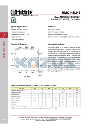 HMC141LH5 datasheet - GaAs MMIC SMT DOUBLE BALANCED MIXER, 7 - 14 GHz