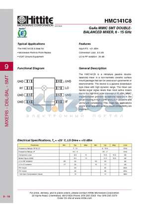 HMC141C8 datasheet - GaAs MMIC SMT DOUBLE-BALANCED MIXER, 6 - 15 GHz