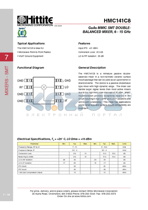 HMC141C8 datasheet - GaAs MMIC SMT DOUBLEBALANCED MIXER, 6 - 15 GHz