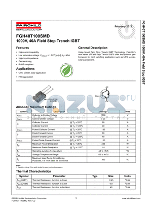 FGH40T100SMD datasheet - 1000V, 40A Field Stop Trench IGBT