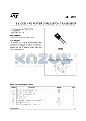 MJE802 datasheet - SILICON NPN POWER DARLINGTON TRANSISTOR