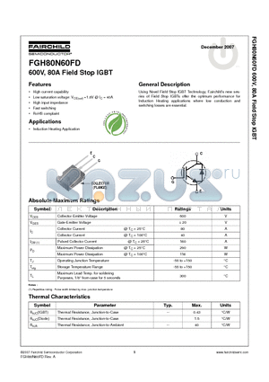 FGH80N60FD datasheet - 600V, 80A Field Stop IGBT