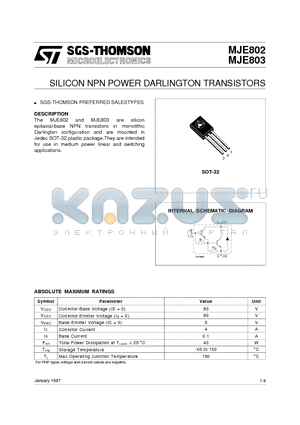 MJE803 datasheet - SILICON NPN POWER DARLINGTON TRANSISTORS