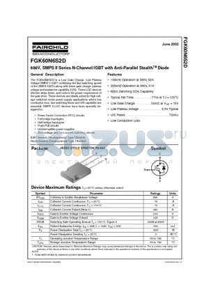 FGK60N6S2D datasheet - 600V, SMPS II Series N-Channel IGBT with Anti-Parallel StealthTM Diode