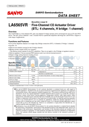 LA6565VR datasheet - Monolithic Linear IC Five-Channel CD Actuator Driver (BTL: 4 channels, H bridge: 1 channel)