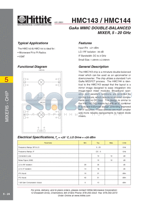 HMC144 datasheet - GaAs MMIC DOUBLE-BALANCED MIXER, 5 - 20 GHz