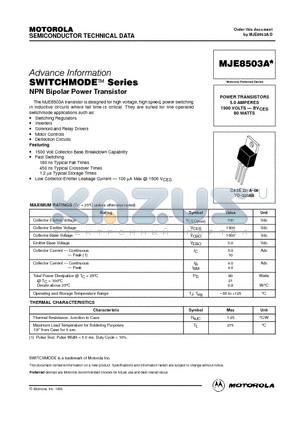 MJE8503 datasheet - POWER TRANSISTORS 5.0 AMPERES 1500 VOLTS - BVCES 80 WATTS