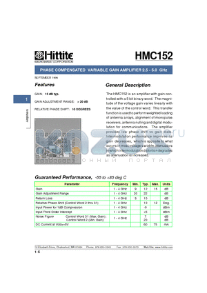 HMC152 datasheet - PHASE COMPENSATED VARIABLE GAIN AMPLIFIER 2.5 - 5.0 GHz