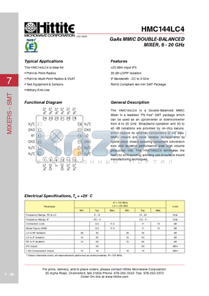 HMC144LC4 datasheet - GaAs MMIC DOUBLE-BALANCED MIXER, 6 - 20 GHz