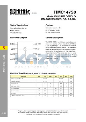 HMC147S8 datasheet - GaAs MMIC SMT DOUBLEBALANCED MIXER, 1.6 - 3.4 GHz