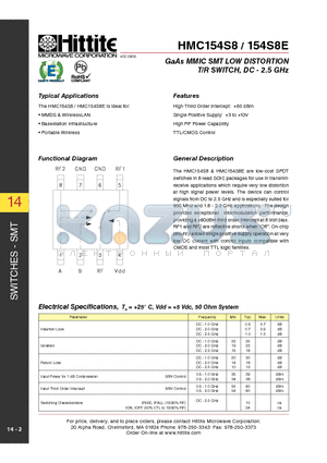 HMC154S8E datasheet - GaAs MMIC SMT LOW DISTORTION T/R SWITCH, DC - 2.5 GHz