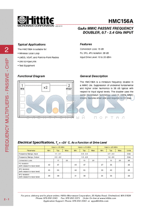 HMC156A datasheet - GaAs MMIC PASSIVE FREQUENCY DOUBLER, 0.7 - 2.4 GHz INPUT