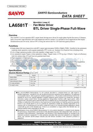 LA6581T_09 datasheet - Fan Motor Driver BTL Driver Single-Phase Full-Wave