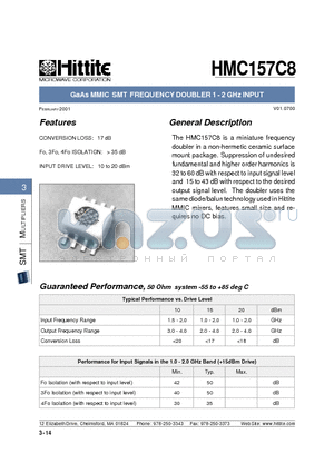 HMC157C8 datasheet - GaAs MMIC SMT FREQUENCY DOUBLER 1 - 2 GHz INPUT