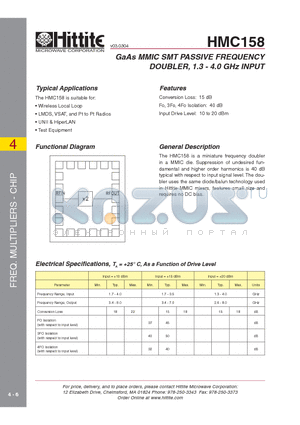 HMC158 datasheet - GaAs MMIC SMT PASSIVE FREQUENCY DOUBLER, 1.3 - 4.0 GHz INPUT