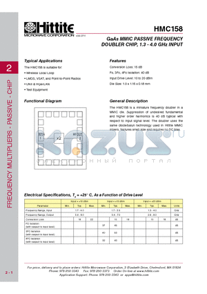 HMC158 datasheet - GaAs MMIC PASSIVE FREQUENCY DOUBLER CHIP, 1.3 - 4.0 GHz INPUT