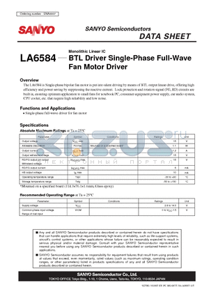 LA6584 datasheet - BTL Driver Single-Phase Full-Wave Fan Motor Driver